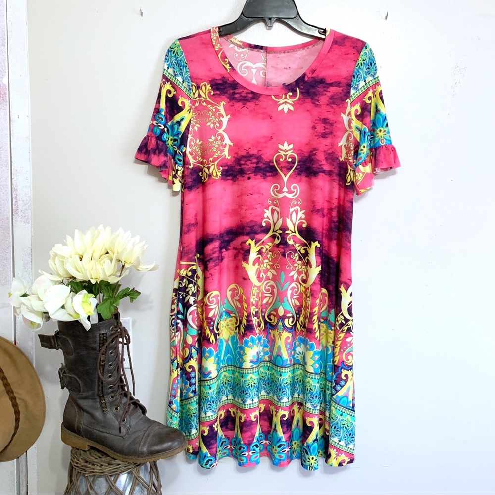 Pink Boho‎ Chic Short Ruffle Bell Sleeve Dress